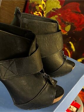 Vera Wang Black Peep-Toe Wedge Ankle Booties